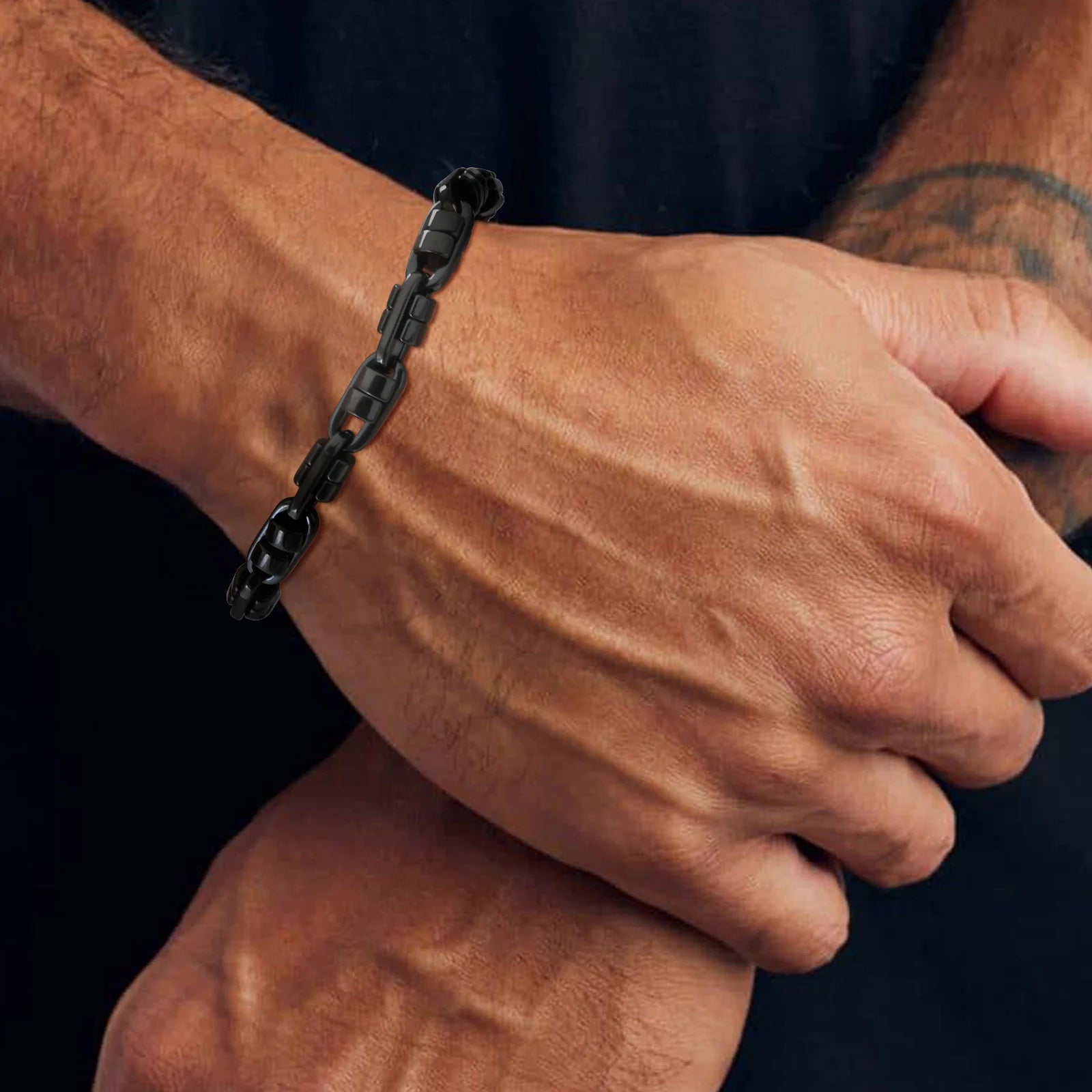 Vnox Black Round Byzantine Link Chain Bracelets, Stylish 2025 New Stainless Steel Wristband, Handmade Punk Rock Jewelry