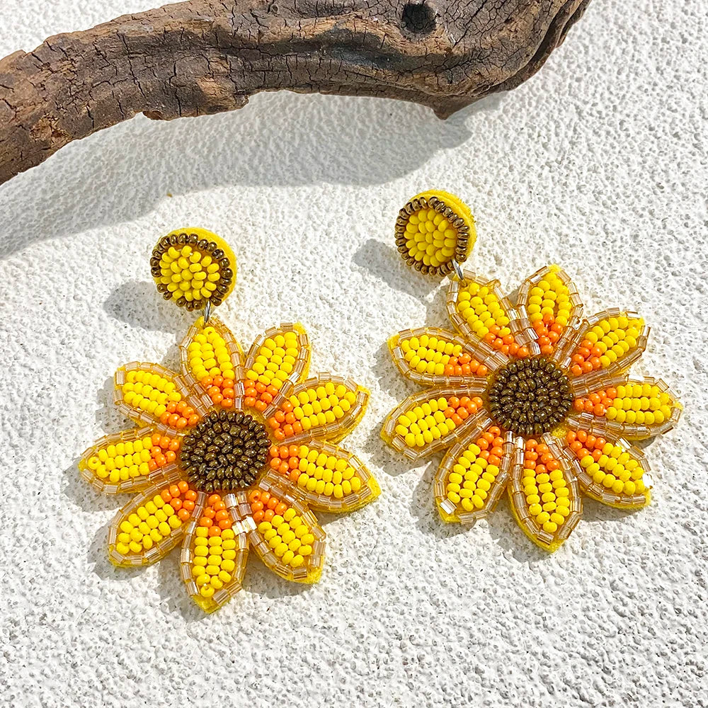 AENSOA Handmade Yellow Beaded Sunflower Drop Earrings for Women Girls Statement Seed Bead Floral Dangle Earrings Party Jewelry