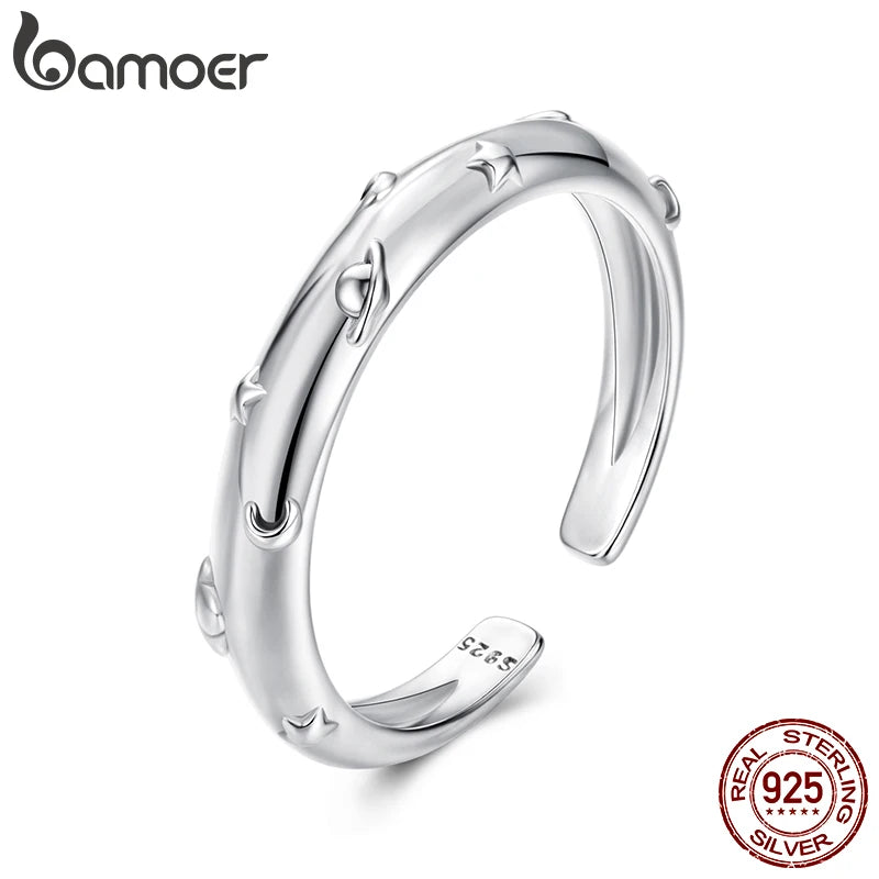 Bamoer 3D Punk Planet Open Ring Oxidized Moon & Star Stacking Finger Ring for Women Minimalist Party Gift 925 Sterling Silver