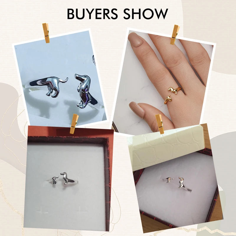 BISAER Bague en argent sterling 925 100 % plaqué or 14 carats pour femme avec motif teckel et anneau réglable pour animal de compagnie, bijoux tendance pour fête, 4 couleurs