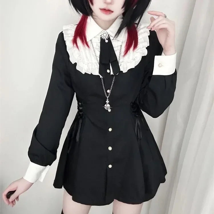 Vintage Lolita Plaid Bow Dress Shorts Set Women Gothic Cross Lace Ruffles Shirt Party Dress 2 Piece Sets Japanese Y2k Outfits