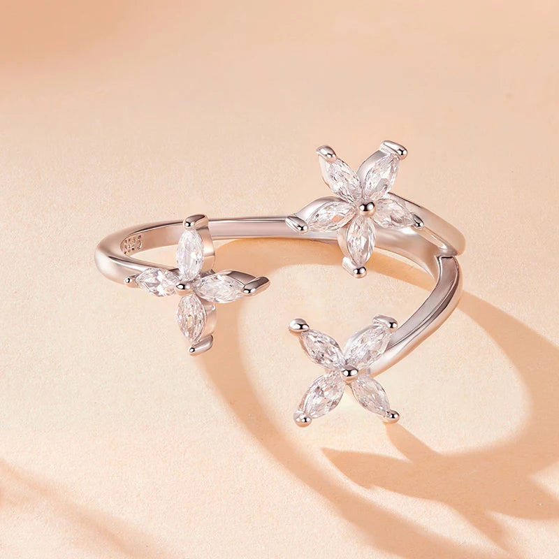 WOSTU 925 Sterling Silver Three Flower Open Ring For Women , Newest s925 Jewelry Gift Shiny AAA Zircon Stacking Leaf Rings R710