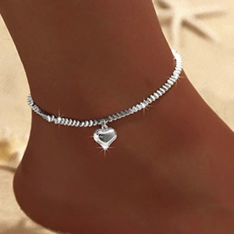 Silver Color Double Layer Shiny Chains Anklets For Women Heart Cross Geometric Pendant Foot Leg Barefoot Bracelet Charm Jewelry
