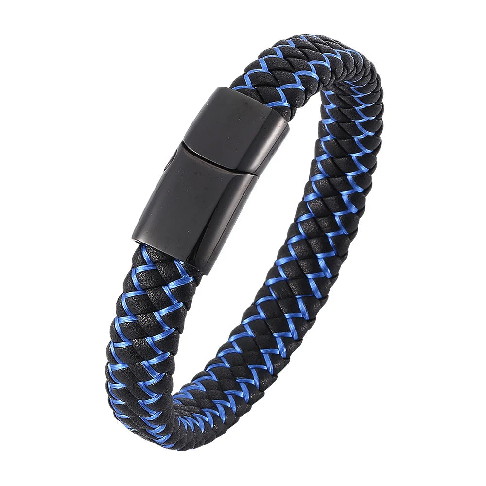 MKENDN Punk Men Braided Genuine Braided Blue Leather Bracelet Black Stainless Steel Magnetic Buckle Bracelet Gifts Homme Pulsera
