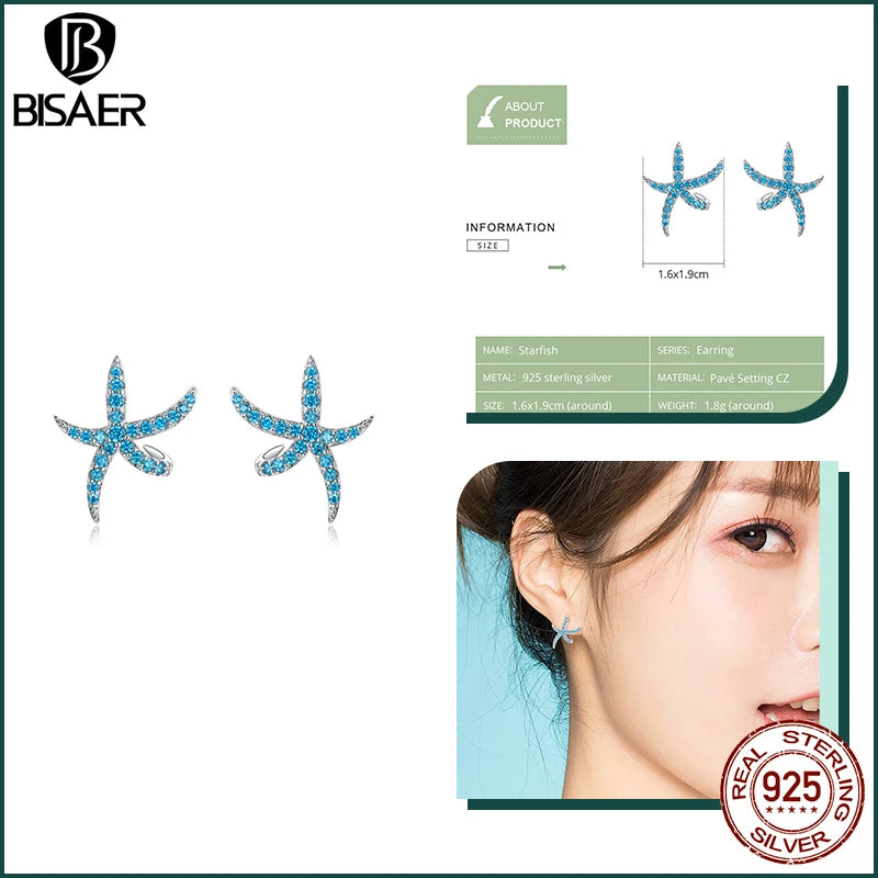 BISAER 925 Sterling Silver Seahorse Stud Earrings Starfish Turtle Fish Hoop Earrings for Party Unisex Fine Jewelry Holiday Gift