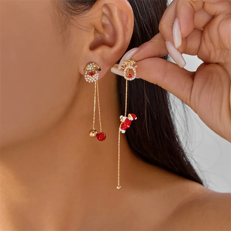 Fashion Christmas Asymmetrical Earrings for Women Zircon Snowflake Santa Claus Xmas Tree Snowman Tassel Earring Party Jewelry