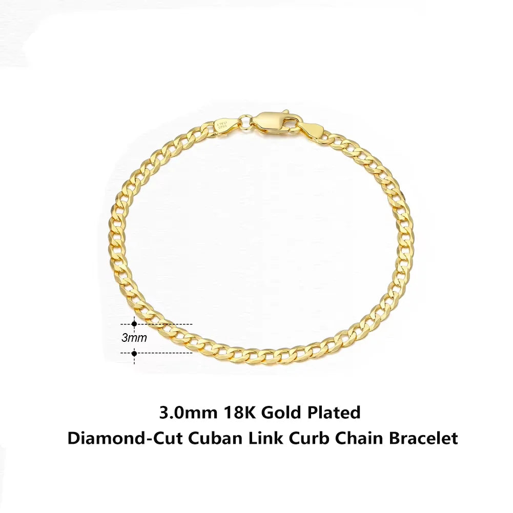 Rinntin 18K Gold Over 925 Sterling Silver 3mm Italian Cuban Chain Bracelet for Women Men Trendy Silver Bracelet Jewelry SB123 - Madeinsea©