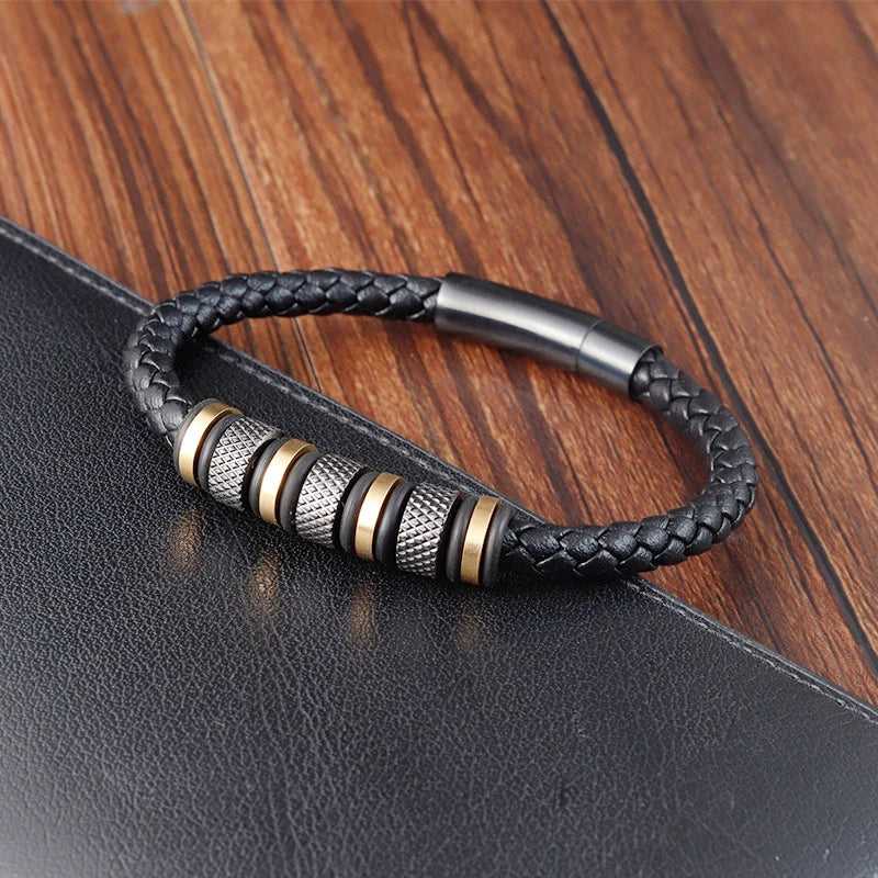 Simple Fashion Jewelry Waterproof Gold Plating Stainlees Steel Genuine Leather Bracelet Wholesale