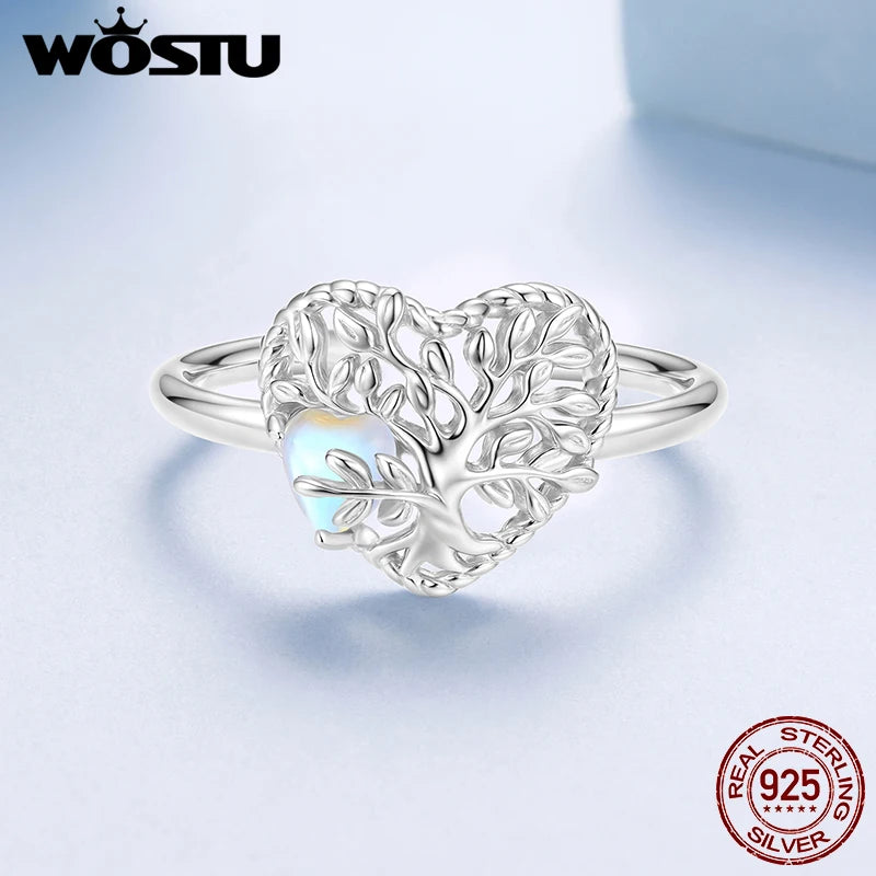 WOSTU 925 Sterling Silver Tree of Life Open Ring Heart Moonstone White Gold Women Wife Anniversary Birthday Fine Jewelry Gift