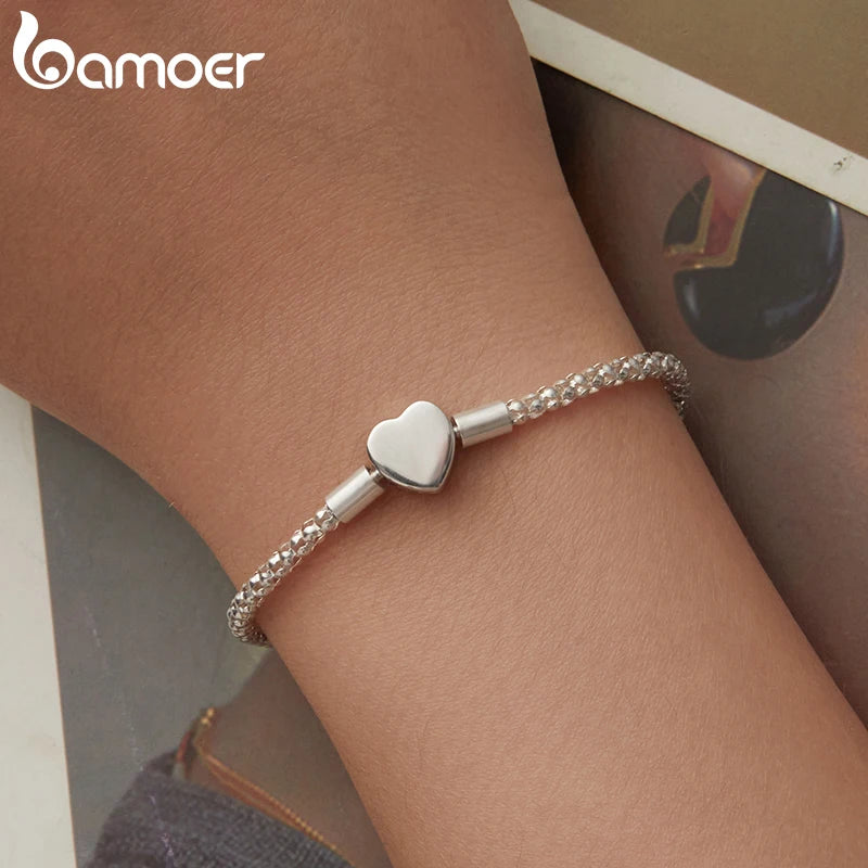 BAMOER 925 Sterling Silver Heart Love 3mm Chain Charm Bracelet for Women, High Quality Bracelet Fit for DIY Beads & Pendant