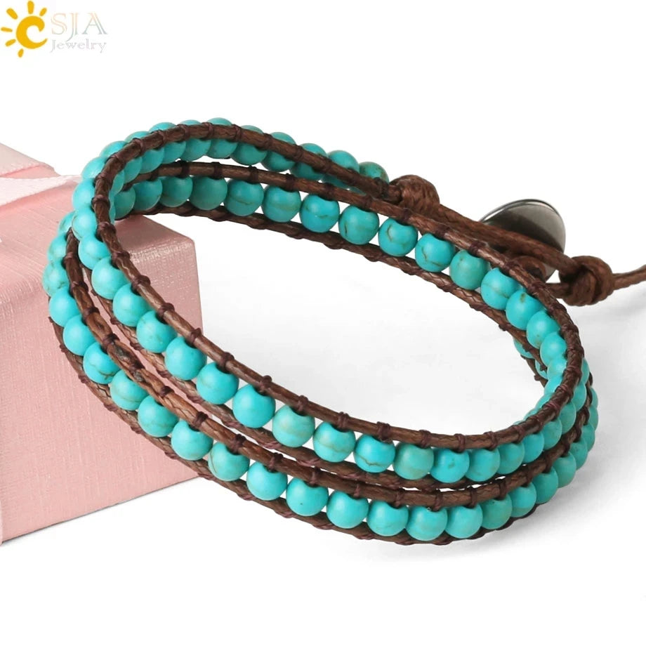 CSJA Turquoise Man Bracelet Bohemian Handmade Braides Bangle Indian Agate Crystal Beaded Double Layer Bracelets Women Homme S625