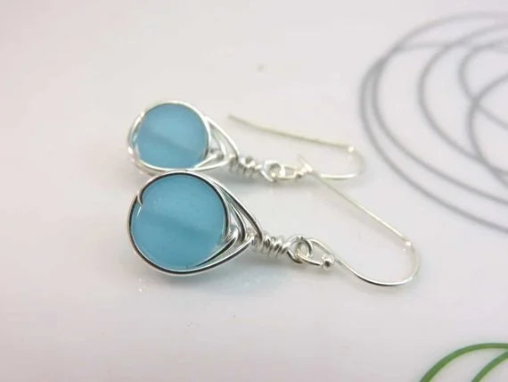 Sterling silver seaglass earrings light blue herringbone wire wrapped cultured sea glass beads argentium silver