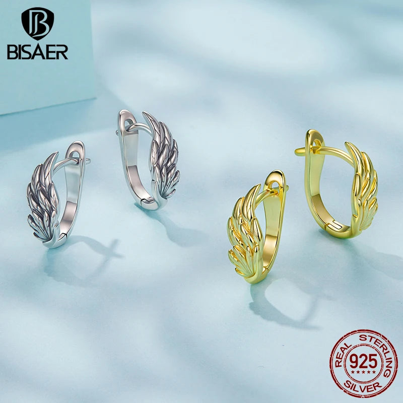 BISAER Solid 925 Sterling Silver Angel Wings Ear Buckles Vintage Wing Hypoallergenic Earrings Plated Gold for Women Fine Jewelry