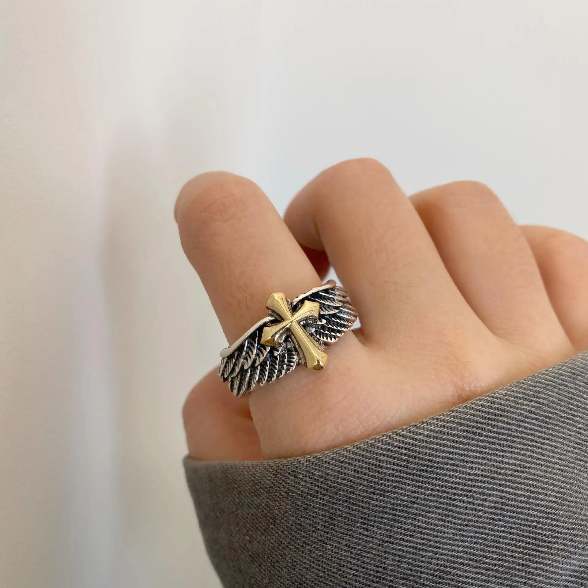 Retro Cross Feather Graffiti Ring For Men Punk Gothic Adjustable Ring Handmade Rock Hiphop Unisex Jewelry Accessories Man Gift - Madeinsea©