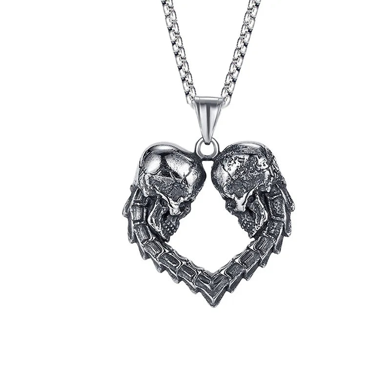 European And American Fashion Personality Creativity Double Skull Love Necklace Men's Street Hip-Hop Punk Retro Pendant Accessor