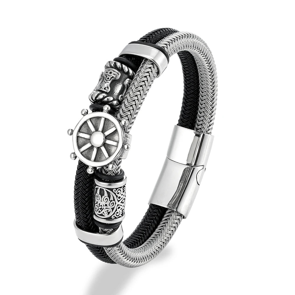 MKENDN Norse Mythology Viking Rudder Runes Amulet Bracelet for Men Stainless Steel Non-fading Steel Wire Rope Bracelets Gifts