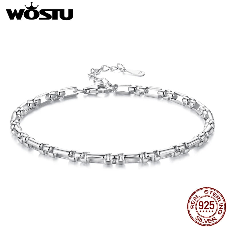 WOSTU Solid 925 Sterling Silver Thick Round Box Chain Bracelet For Women s925 Charm Bead Bracelets Jewelry Making Birthday Gift