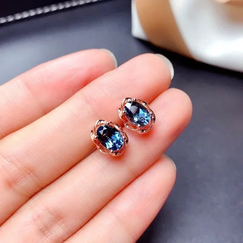 Natural Bule Topaz Stud Earring for Women 925 Sterling Silver JewelryvLuxury Female Blue Sapphire Oval Earrings