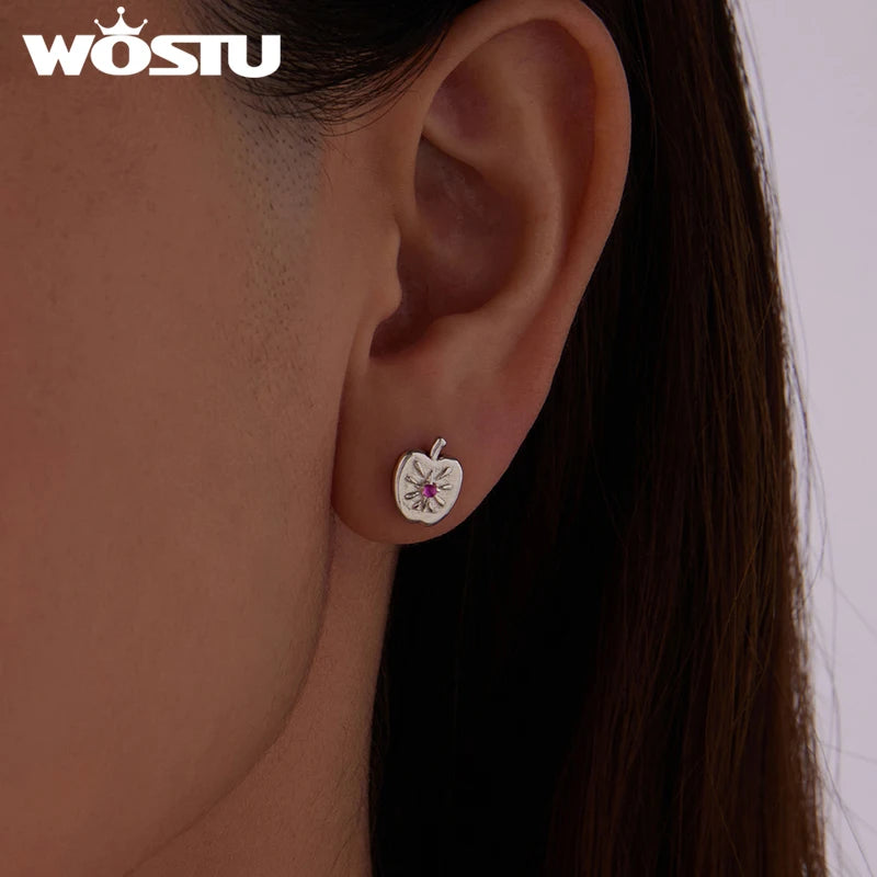 WOSTU Christmas Lucky Apple Stud Earrings For Women , 925 Sterling Silver Red Apple Earrings with Zircon Gems Cute Fruit Jewelry