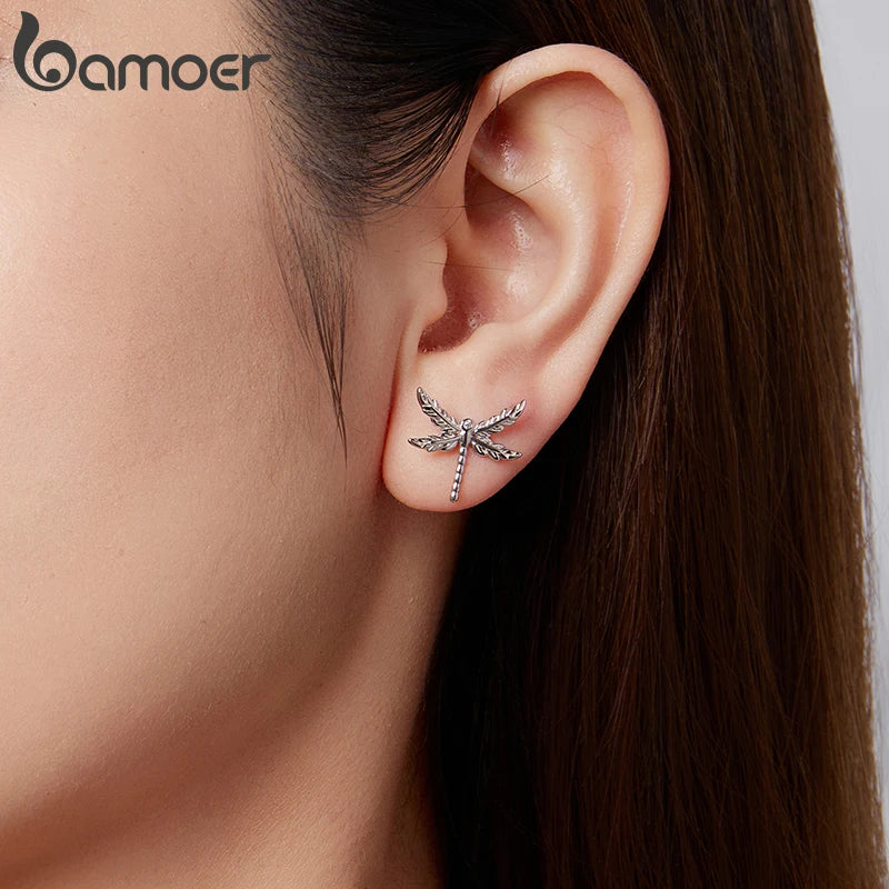 BAMOER 925 Sterling Silver Dragonfly Stud Earrings Retro Inset Cross Feather Wings CZ Earrings For Women Girl Cute Daily Jewelry