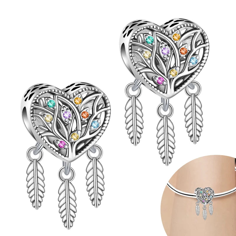925 Sterling Silver Pendant Charms Feather Dreamcatcher Charm Bead For Original Charm Bracelet Necklace Bead DIY Jewelry Gift
