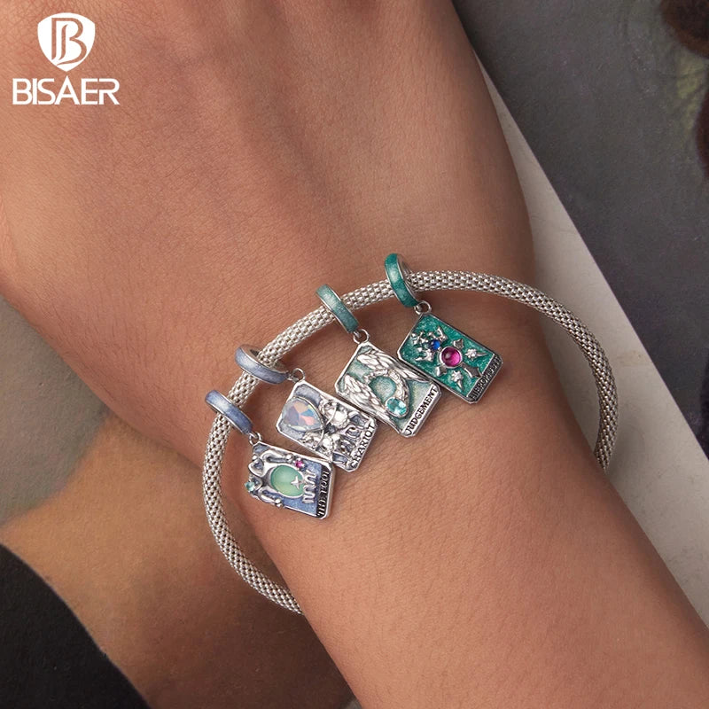 BISAER 925 Sterling Silver Tarot Card Series Pendant Tower Chariot World Judgment Hierophant Charm for DIY Bracelet Fine Jewelry