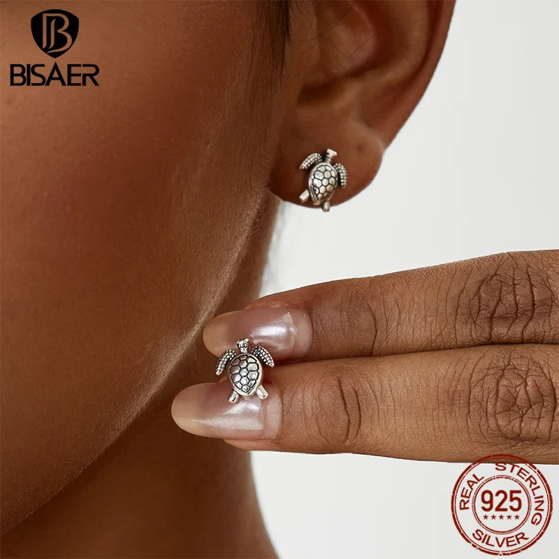 BISAER 925 Sterling Silver Cute Mini Turtle Stud Earrings Stud Ear Hypoallergenic for Women Party Fine Jewelry Vacation Gifts