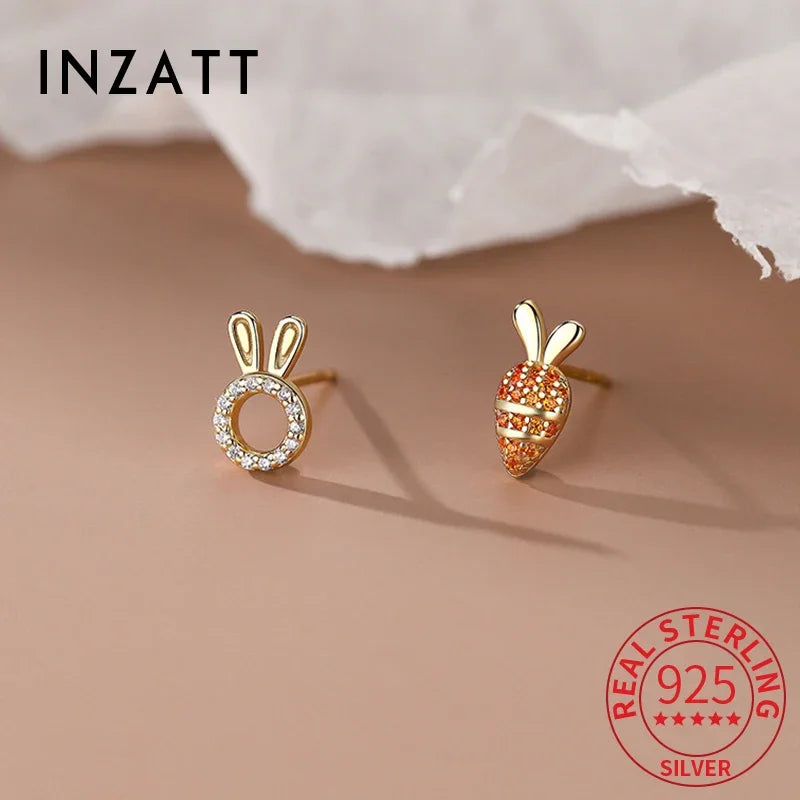 INZATT Real 925 Sterling Silver Zircon Carrot Rabbit Mini Stud Earrings for Women Cute Fine Jewelry 2024 Trendy Accessories