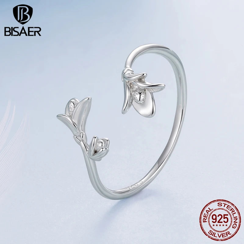 BISAER Real 925 Sterling Silver Lavender Open Ring Blooming Flowers Stackable Band Adjustable 5-8 for Women Party Fine Jewelry