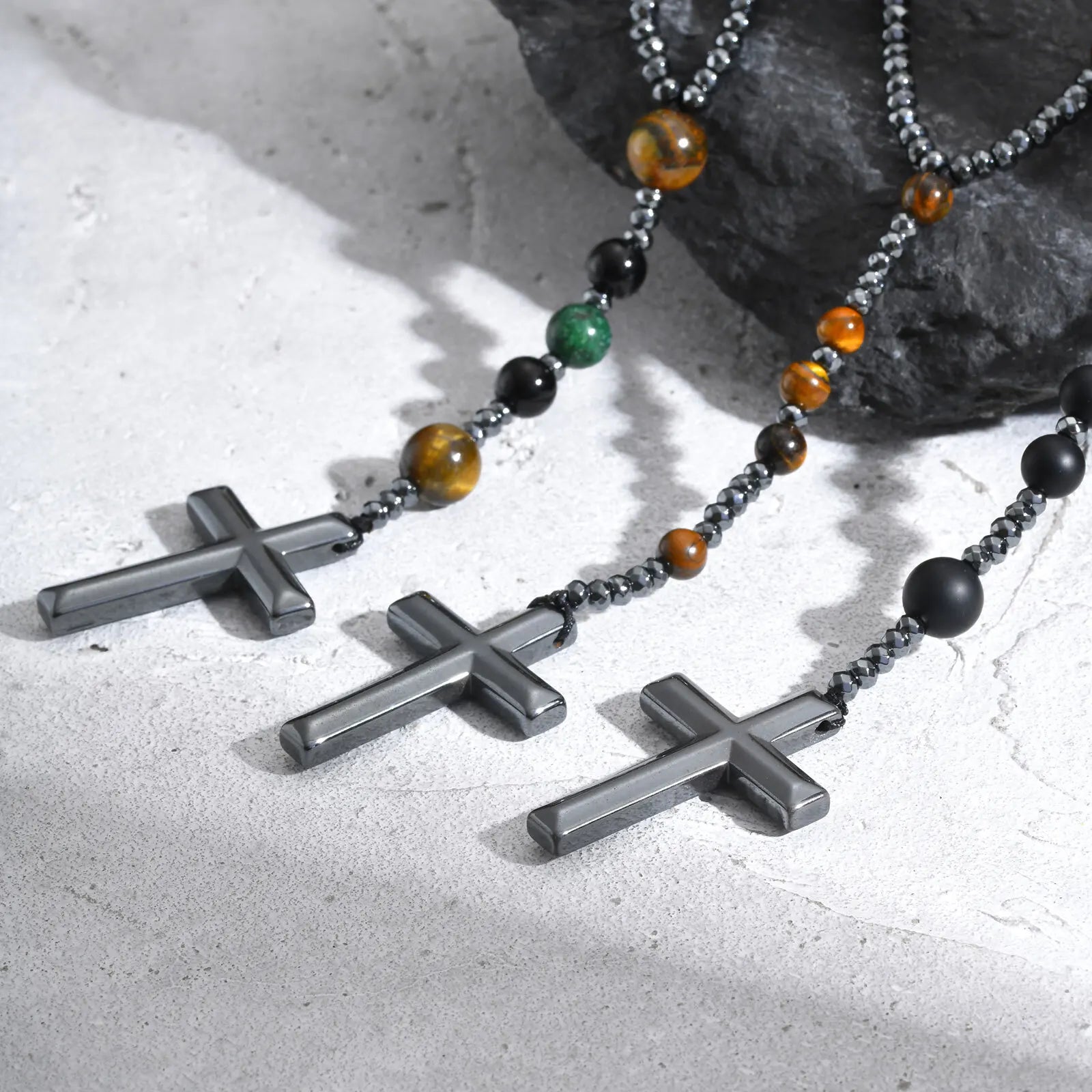 Vnox Natural Stone Power Banlace Healing Beads Necklaces for Men Women,Long Rosary Necklaces,Christian Prayer Faith Cross Collar