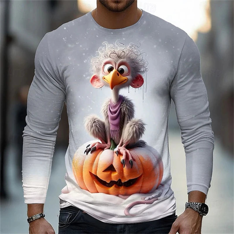 Halloween Men's Animal Cat 3D T-shirt Long-sleeved Men's Round-neck Shirt Fashionable Street Casual Daily Autumn Clothing
