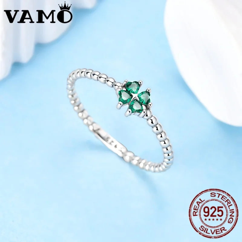 VAMO Original 925 Sterling Silver Woman Rings Vintage Dewdrop Clover Rings Sparkling Wedding Rings Girls Jewelry Anniversary