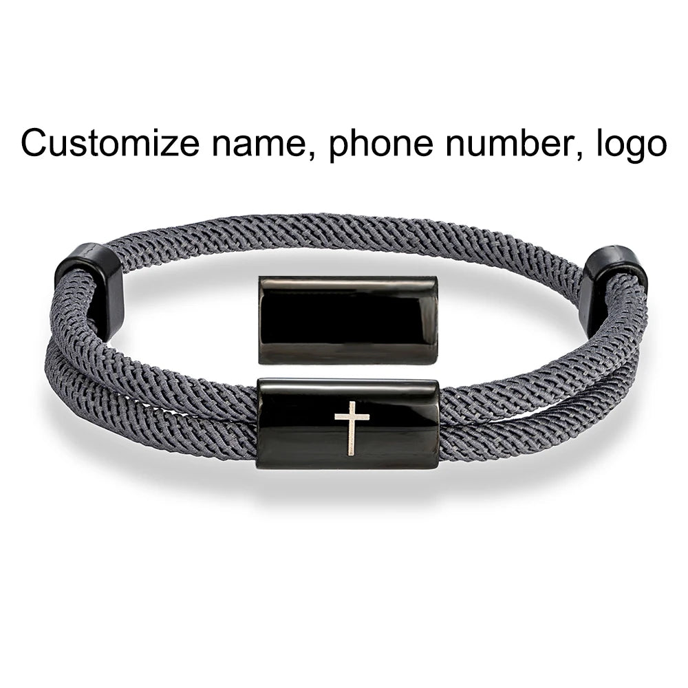 MKENDN Charm Rope Bracelet Cross Black Stainless Steel Bracelets Handmade Men Women Prayer Fitness Chain Couple Jewelry Gift