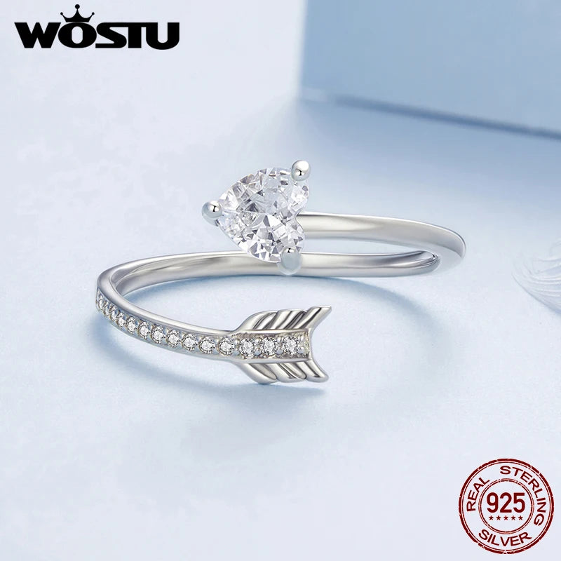 WOSTU Real 925 Sterling Silver Arrow Heart Open Ring Wedding Party Gift AAA Zircon Adjustable Rings Girl Lolvey Jewelry CTR666-E