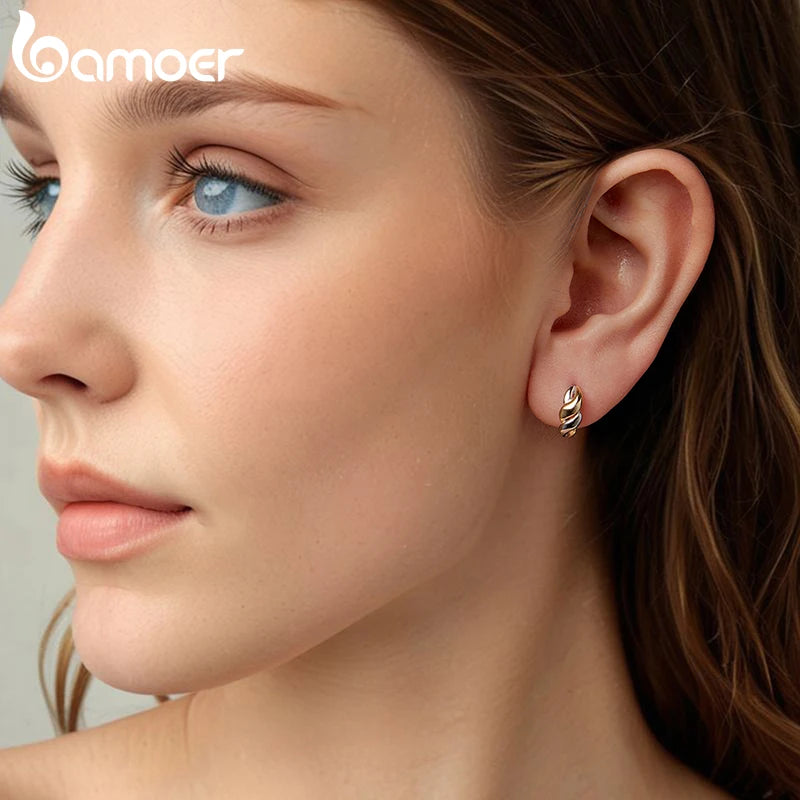 BAMOER 925 Sterling Silver Two Tones Cross Hoop Earrings for Women, Sleek Polished Piercing Huggie Earrings for Women Girl Gift