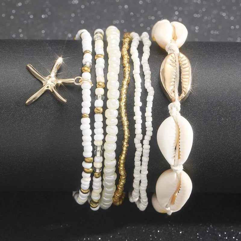 Bohemian Starfish Shell Beaded Anklet Set for Women Summer Fashion Multi-Layer Rice Beads Leg Chains Beach Jewelry Accessories - Madeinsea©