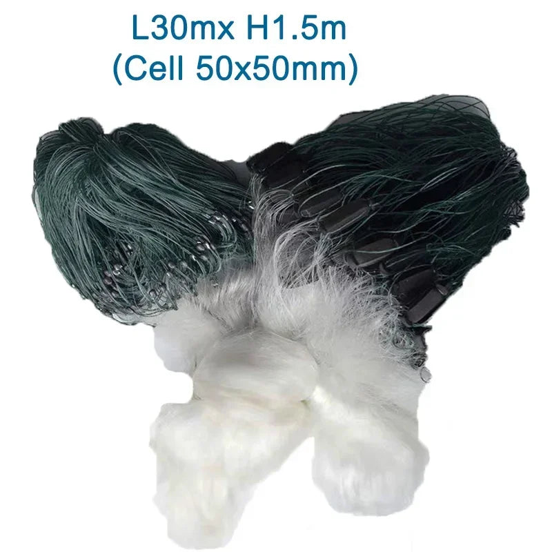 Lawaia 30M Fischernetz, 3-lagig, Fischfalle, weiße Seide, Kiemennetz, Angelzubehör für den Außenbereich, 1,5 m/3 m hoch