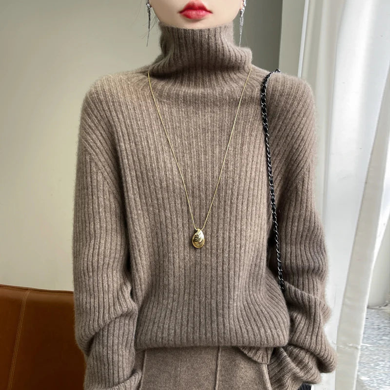 Women 100% Merino Wool Sweater Turtleneck Knitted Vertical Stripes Pullover Autumn Winter Thickened Cashmere Casual Knitwear Top