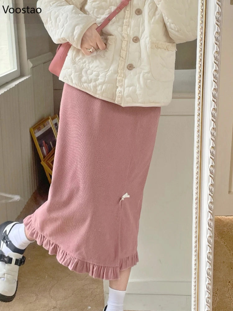 Spring Autumn Japanese Sweet Pink Ruffles Split Skirt Women Korean Cute Y2K Party Midi Skirts Female Elegant Corduroy Skirts