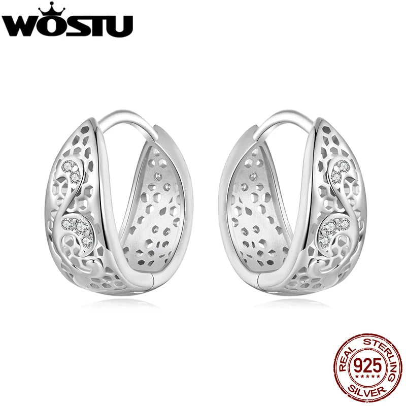 WOSTU Real 925 Sterling Silver Wedding Lace Hoop Earrings For Women Hollow Shiny Zircon Ear Buckles Engagement Party Gift