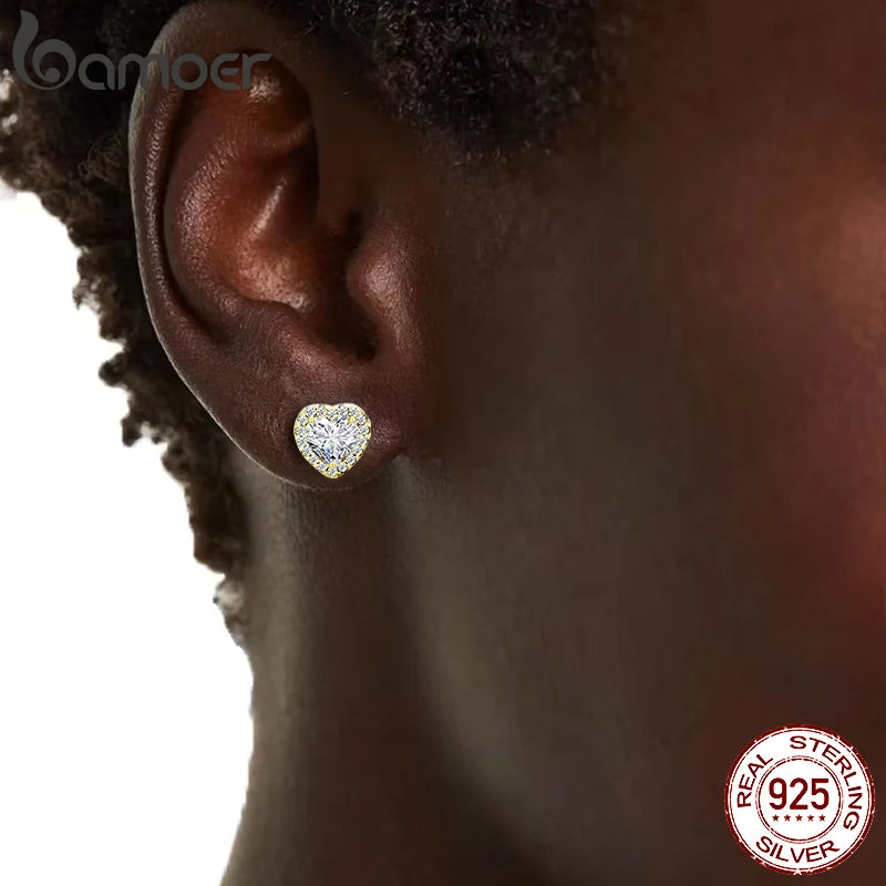 BAMOER 18K Gold Heart CZ Stud Earrings 925 Sterling Silver Hypoallergenic Classic Halo Earrings Circle Setting Women Dating Gift