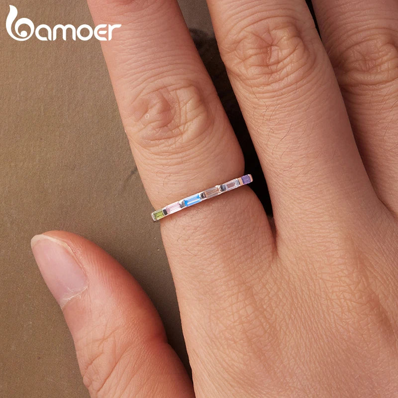 BAMOER 925 Sterling Silver Dainty Rainbow Single Band Colorful Zirconia Band Finger Ring for Women Teens Unique Beach Party Gift