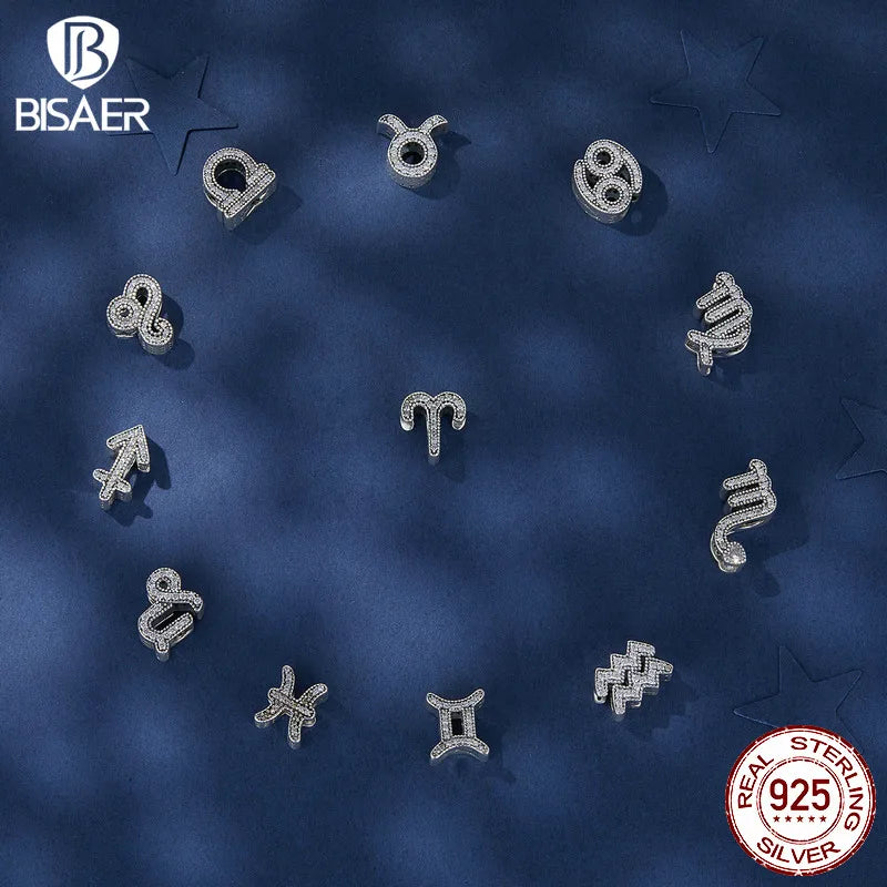BISAER 925 Sterling Silver 12 Constellation Charms Aries Libra Beads Fit Women DIY Bracelet Necklace Fine Jewelry Birthday Gifts