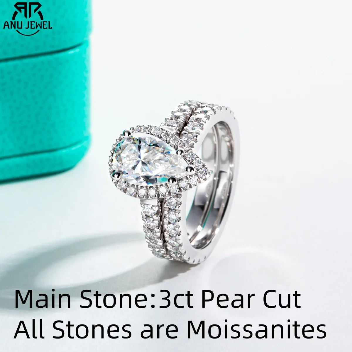 AnuJewel 3ct Pear Cut D Color Moissanite Halo Bridal Ring Set Wedding Band Silver Rings Anniversary Jewelry Gift Wholesale