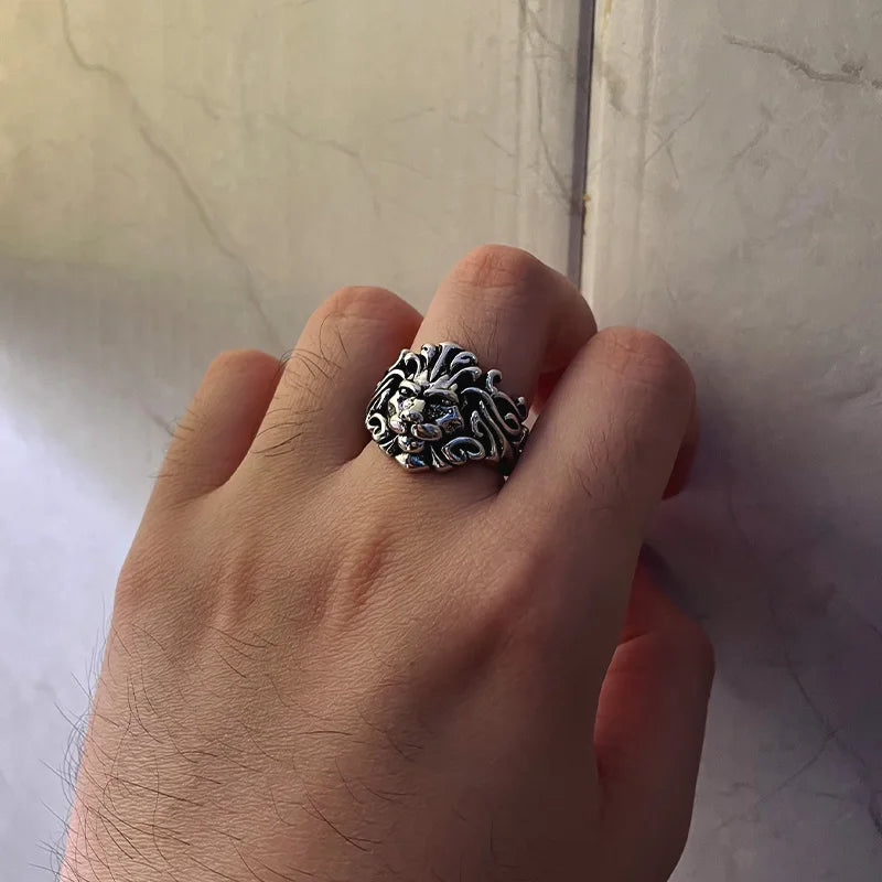 Retro Lion Ring For Men Silver Color Punk Gothic Rock Hiphop Open Ring Handmade Designer Jewelry Biker Accessories Gift For Man