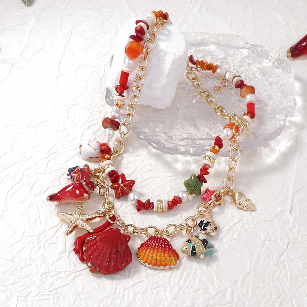 Ocean Vacation Style Creative Design Scallop Conch Pendant Double-layer Necklace
