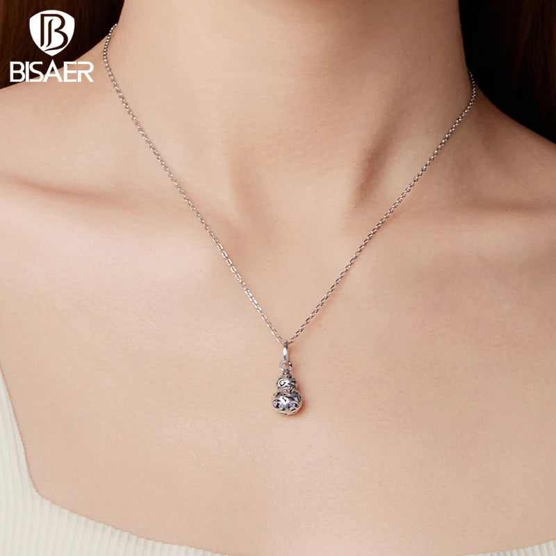 BISAER Real 925 Sterling Silver Vintage Gourd Charm Bead Hollow Pattern Pendant Plated Gold For Women DIY Bracelet Fine Jewelry