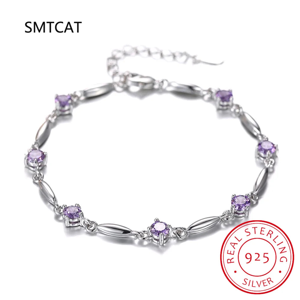 Round Natural Amethyst 925 Sterling Silver Bracelet for Women Fashion Purple Gemstone Statement Jewelry Pulseiras De Prata