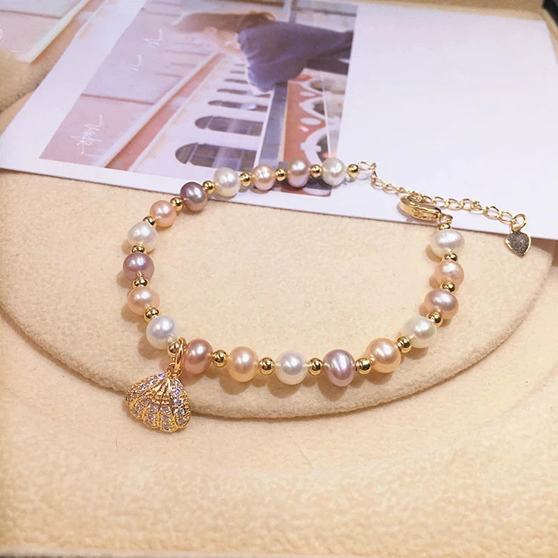 OXTAO Daily Wear Natural Cultured Freshwater Pearl Shell Charm Bracelet 4K Gold Filled Exquisite Birthday Jewelry Gift