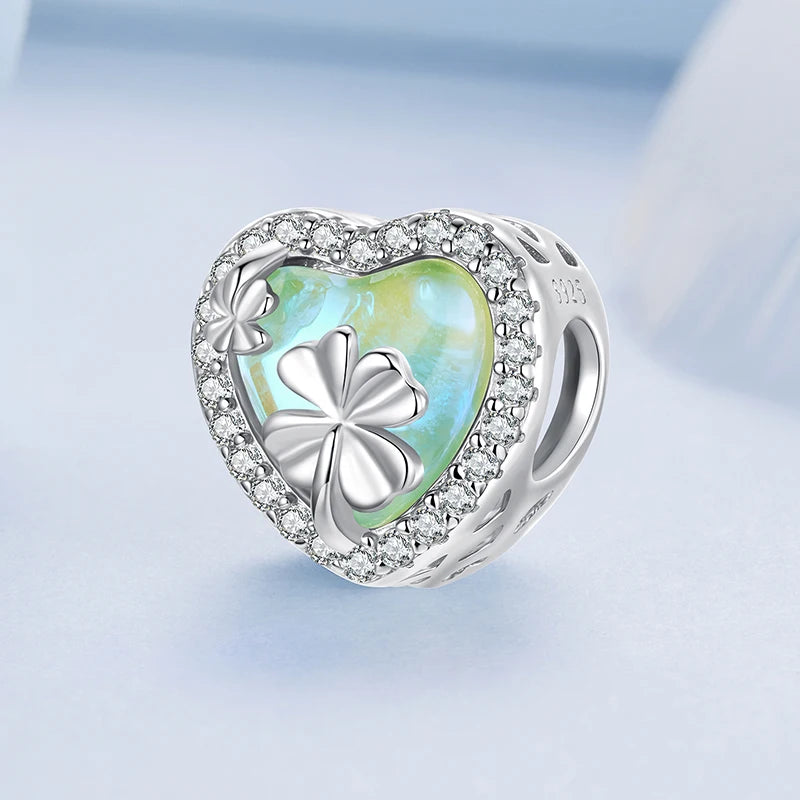 WOSTU 925 Sterling Lucky Green Four-leaf Clover Charm Pink Heart Pendant Faith Cross Bead Fit Bracelet Necklace Gift mom Family